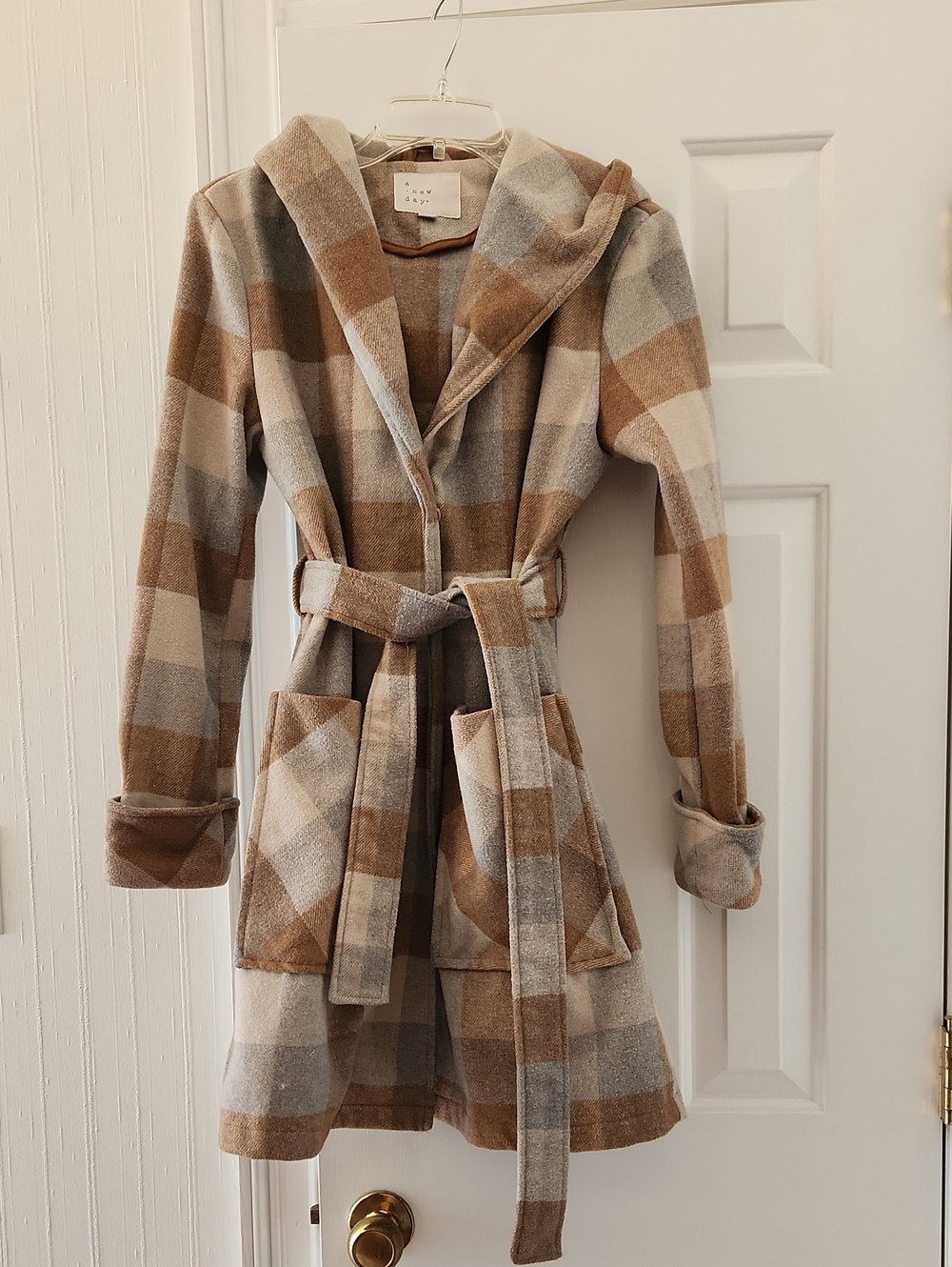 a new day Plaid Hooded Belted Trench Coat in Camel, Gray, and Cream